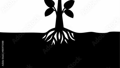 A graphic silhouette depicts a tree with its roots clearly visible beneath the ground level.