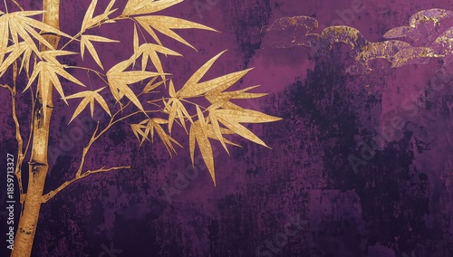 Bamboo Leaves on Purple Background With Cloud Designs in a Simple Artistic Di...