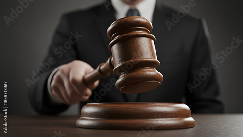Gavel in Motion — Judge's Hammer Sparking Legal Imagery in Professional Suit

