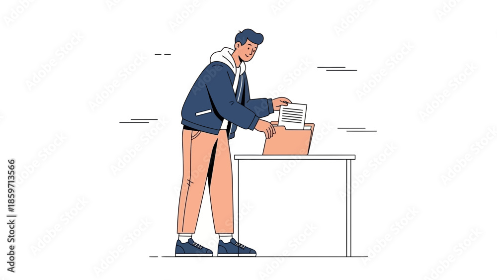 Fototapeta premium Young man voting in an election by casting paper ballot at the polling station