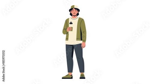 Young woman standing outdoors wearing casual attire holding a smartphone and backpack