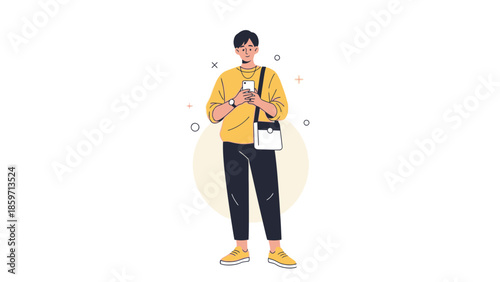 Young woman standing outdoors using her smartphone while carrying a shoulder bag and dressed