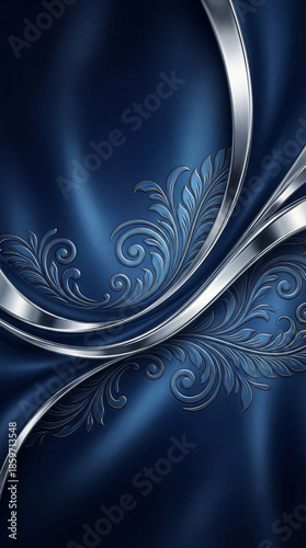 Refined Dark Blue Abstract Art with Metallic Ribbon and Floral Motifs