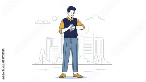 Young man using smartwatch in a modern cityscape with tall buildings and trees during daytime