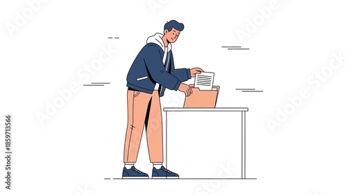Young man voting in an election by casting paper ballot at the polling station