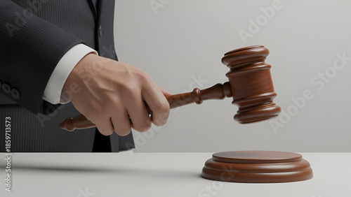 Gavel in Motion — Judge's Hammer Raised for Legal Imagery in Professional Suit

