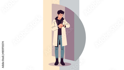 Young man waiting at a modern elevator with a smart watch and casual attire