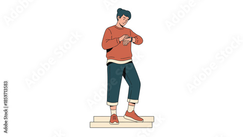 Young man waiting at a train station and looking at his watch without a backpack or umbrella