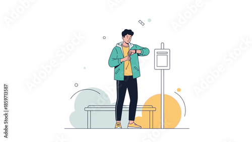 Young man waiting at bus stop while checking his watch for transportation schedule