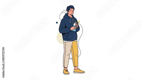 Young man with casual clothing holding a beverage and listening to music using wireless earbuds