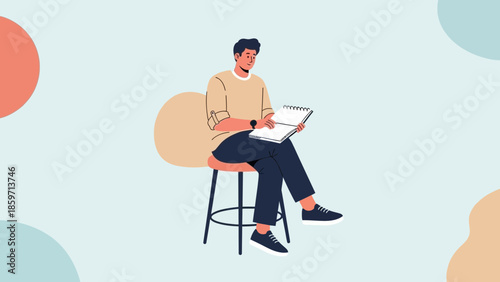 Young Man Writing in a Notebook while Sitting on a Simple Stool with Abstract Background