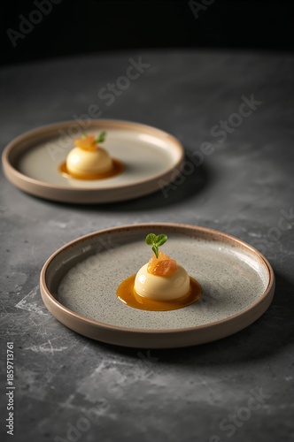 Dessert Served on Plates With Sauce and Garnishes Placed on Dark Background i...