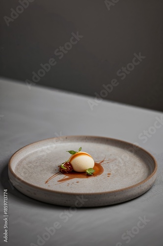Dessert Served on Plates With Sauce and Garnishes Placed on Dark Background i...