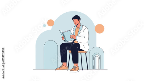 Young professional man sitting on a chair reading a magazine in a modern indoor setting