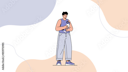 Young woman holding a water bottle in casual outfit standing against abstract background