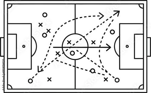 soccer field with tactical strategy, X and O markers representing players and formations, dashed arrows showing play direction and ball movement, coach planning game play