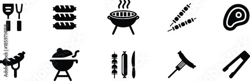 Assortment of Bbq Vector Icons for Grilling and Barbecue Themes Featuring Meat Skewers and Cooking Equipment Used at Outdoor Parties and Gatherings