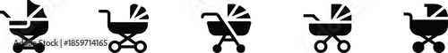 Baby Stroller Icon Set on Transparent Background Collection of Pram Symbols for Newborn Infant Toddler Vector Line Art Style Transportation Walking Pushchair Buggy Carriage