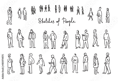 Hand drawn sketches of people collection, outline figures of men and women in various poses and casual clothing, line art characters for architecture design, vector illustration set