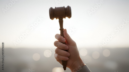 Gavel Raised in Bold Stroke — Legal Hammer for Courtroom and Law Imagery

