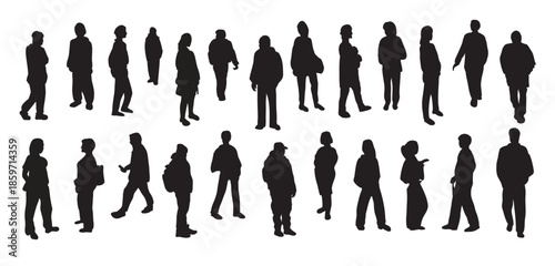 Silhouettes of diverse people in everyday urban life, black figures isolated on white background vector illustration. Casual group of people silhouettes