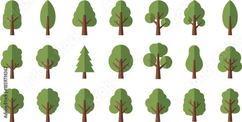 Assortment of Flat Design Green Trees with Brown Trunks and Subtle Shadows leaf