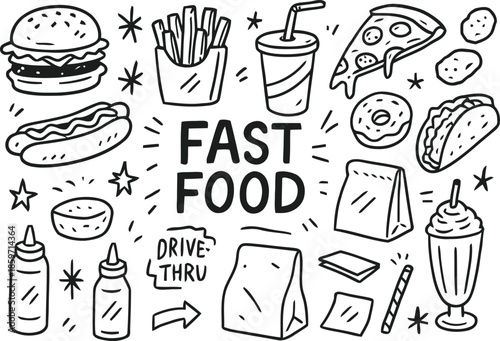 Fast food doodle set hand drawn sketch style hamburger french fries soda pizza donut taco hotdog sauce bag drive thru stars line art vector illustration