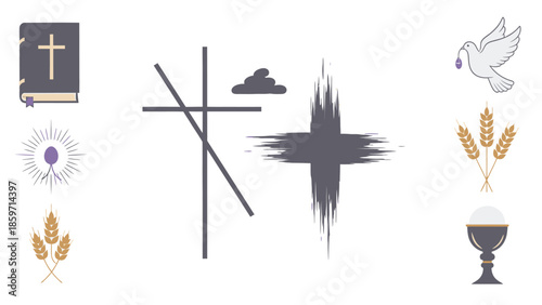 Collection of religious symbols and including crosses, wheat, dove, and chalice