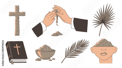 Hands mixing ash with water near religious symbols and palm branches cross