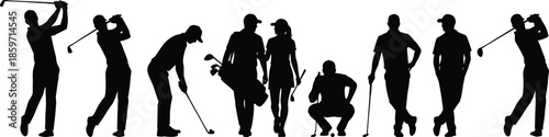 Golf player silhouette set showing male and female golfers swinging clubs and walking on course isolated on white background design