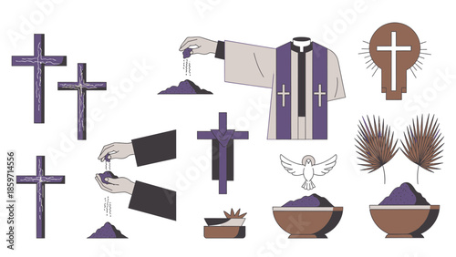 Purple crosses, priest vestments, and religious symbols