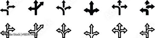 Set of Arrow Junctions Isolated on Transparent Background Different Directional Symbols With Various Branching Points Intersection Silhouette