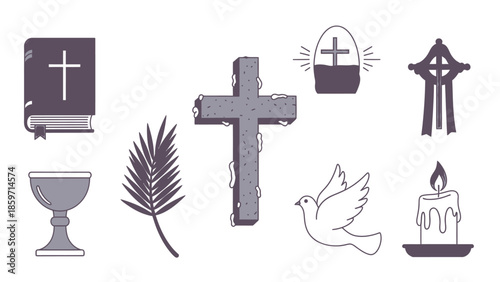 Purple religious symbols and cross book