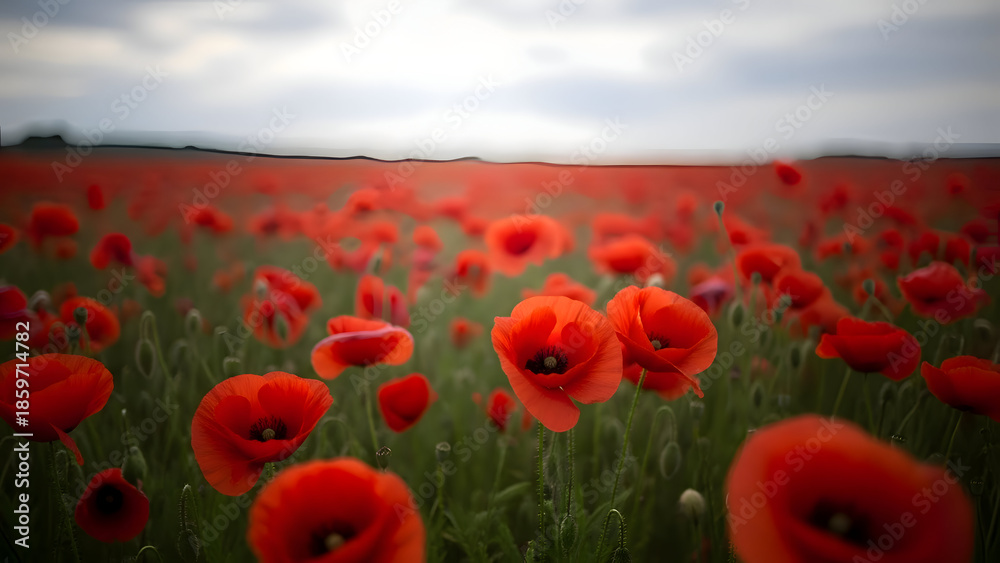 Fototapeta premium A field of vibrant red poppy flowers under a cloudy sky on a sunny day with green grass and hills in the background