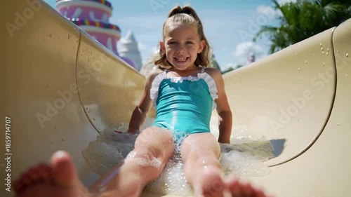 Happy little girl sliding inside water tube in aquapark with water splashes on summer holiday.Slow motion video.AI Generative.