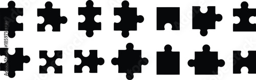 Unique Puzzle Pieces in Various Shapes Designed as Black Silhouettes Against Transparent Background for Games and Creative Projects in Vector Format