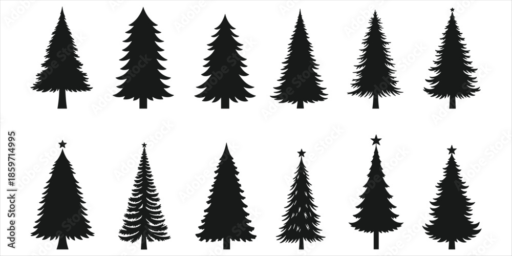 Obraz premium Black Silhouette Christmas Tree Icons Various Shapes and Sizes Keywords: christmas tree, silhouette, black, icon, vector