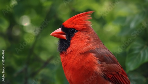 Bright Red Bird Perches on a Branch Surrounded by Green Leaves in a Sunny Set...