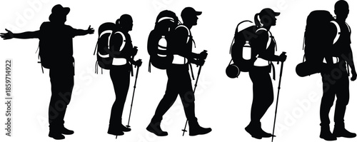 Backpacker hiker silhouette set showing male and female travelers with backpacks and trekking poles isolated on white background for design