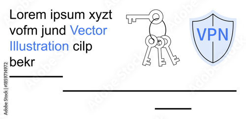 Cybersecurity, online privacy, VPN security, data encryption, digital protection, system safety. Keys and shield labeled VPN. Cybersecurity and online privacy concepts illustrated