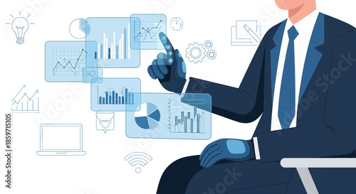 Executive interacts with virtual data projections for corporate strategy and business intelligence