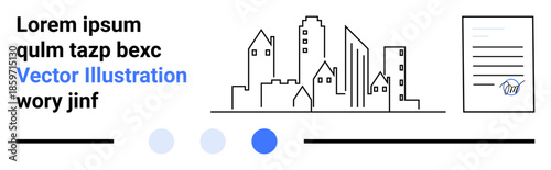 Urban skyline with minimalist buildings and signed document icon, combining architecture, legal agreement, and business concept. Ideal for corporate messages, city planning, architecture, real estate