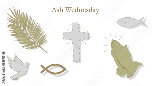 Ash Wednesday symbols with palm frond praying hands dove and crosses