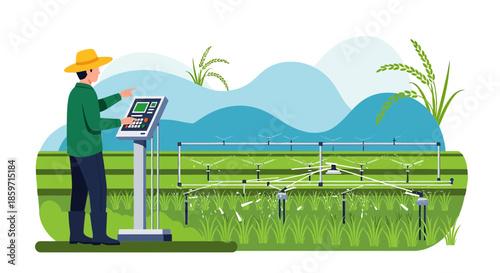 Farmer using a smart irrigation system in field for precision agriculture and technology