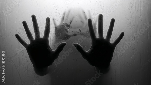 Hands Press Against Fogged Glass, Creating a Dark Silhouette Effect in a Mist...