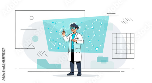 Future scientist exploring the cosmos through advanced holographic technology interface for