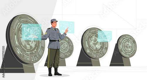 Future military control center with holographic displays and officer overseeing operations