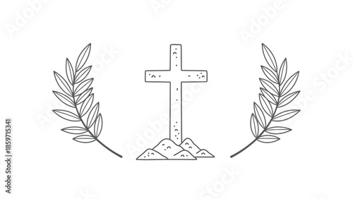 Black and white of a cross with olive branches on both sides