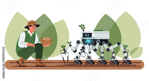 Futuristic agriculture concept: robotic planter assisting farmer with precision planting process
