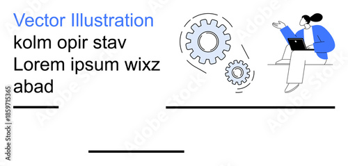 Business strategy, teamwork, productivity, workflow automation, remote work, corporate training. Gears and a woman with a laptop. Business strategy and team productivity concept